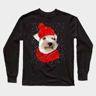 Miniature Schnauzer Wearing Red Hat And Scarf Christmas Long Sleeve T-Shirt